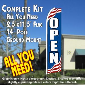OPEN (Patriotic) Flutter Feather Banner Flag Kit (Flag, Pole, & Ground Mt)