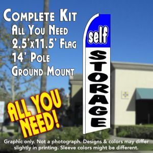 SELF STORAGE (Blue/White) Flutter Feather Banner Flag Kit (Flag, Pole, & Ground Mt)